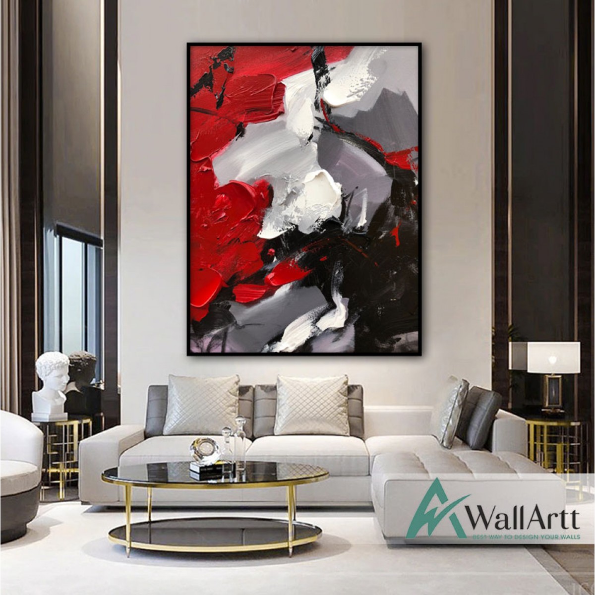 Abstract Red n White Textured Partial Oil Painting