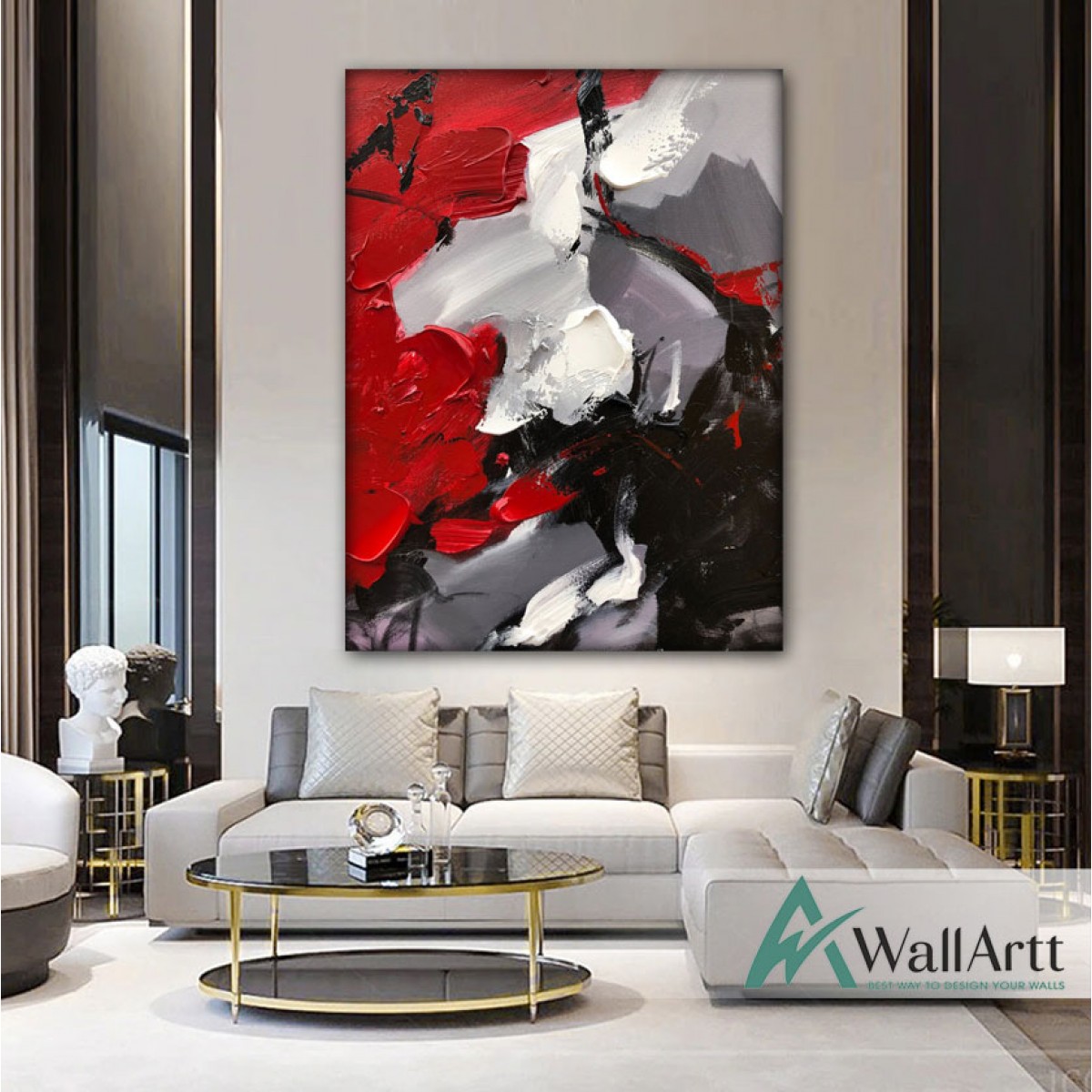 Abstract Red n White Textured Partial Oil Painting