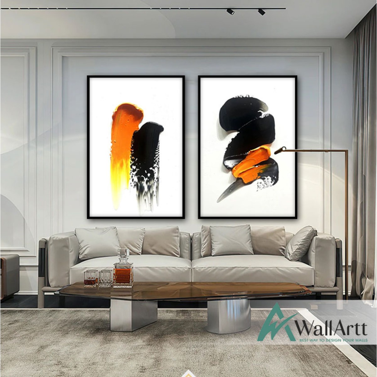 Abstract Orange Black I-II 2 Piece Textured Partial Oil Painting