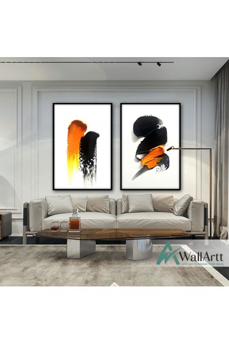 Abstract Orange Black I-II 2 Piece Textured Partial Oil Painting
