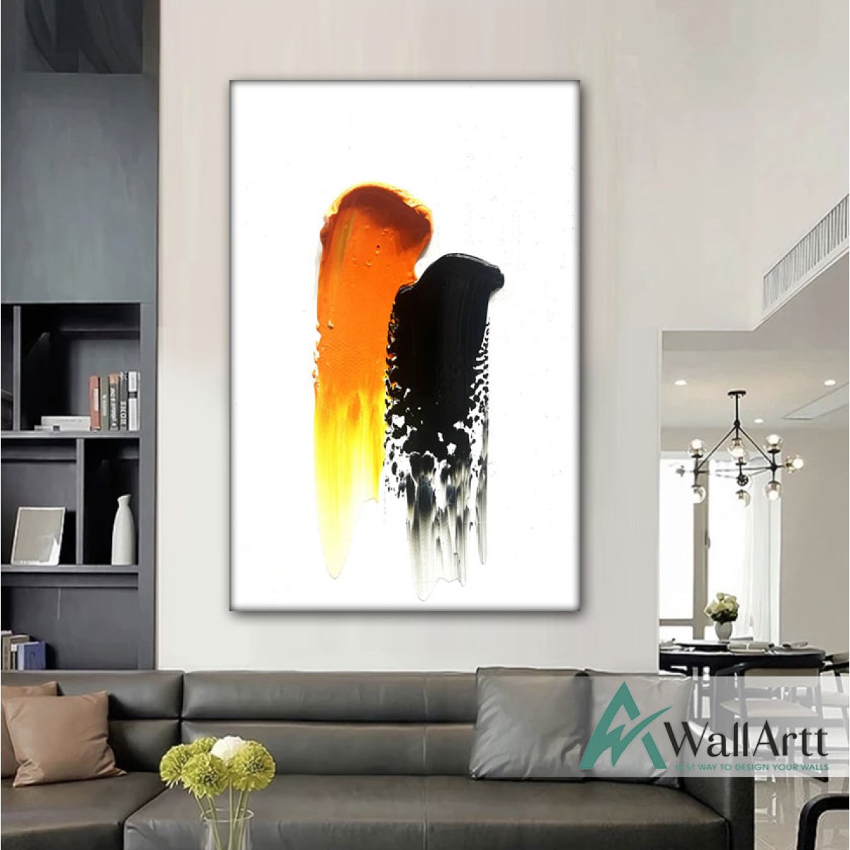 Abstract Orange Black Textured Partial Oil Painting