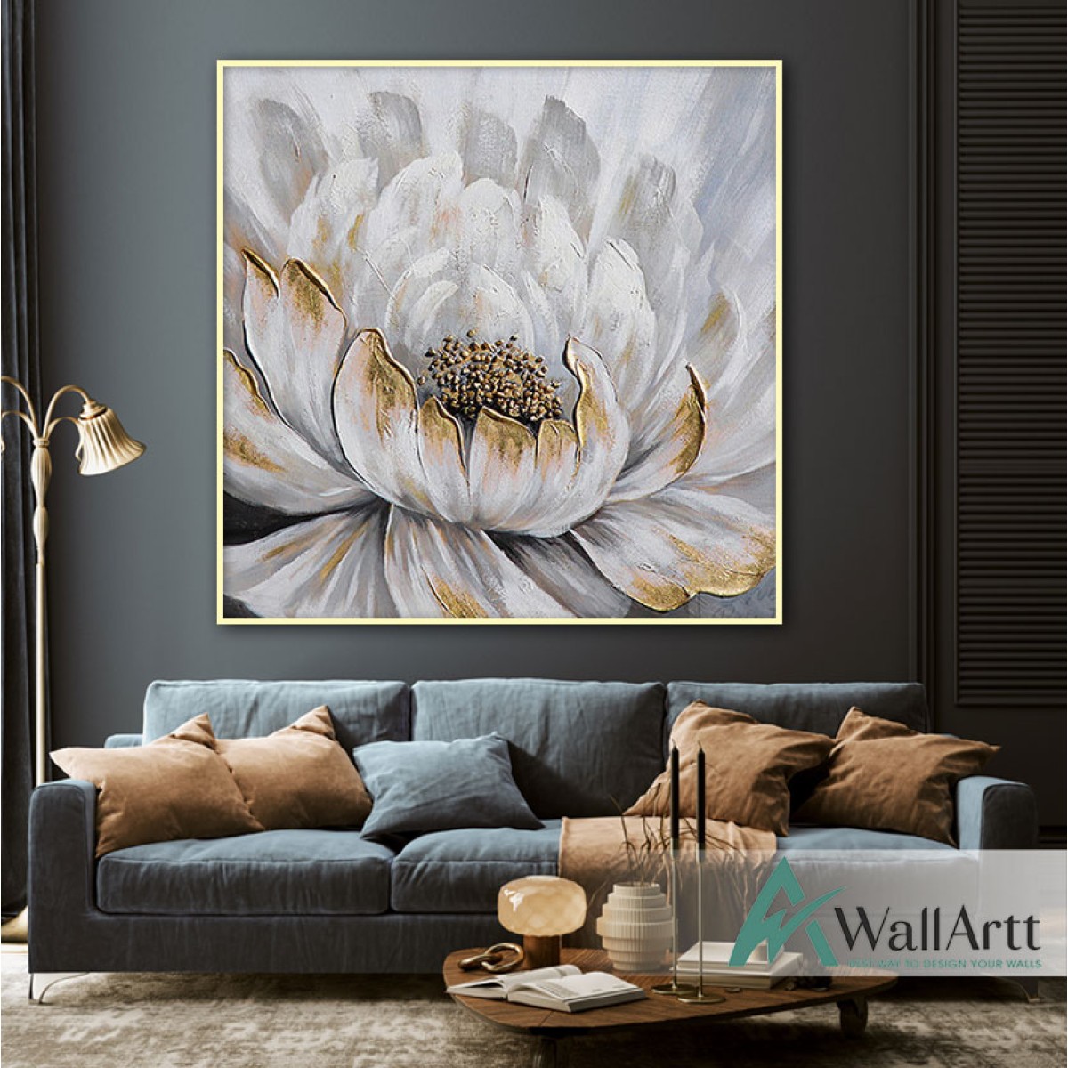 Flower with Gold Foil Textured Partial Oil Painting