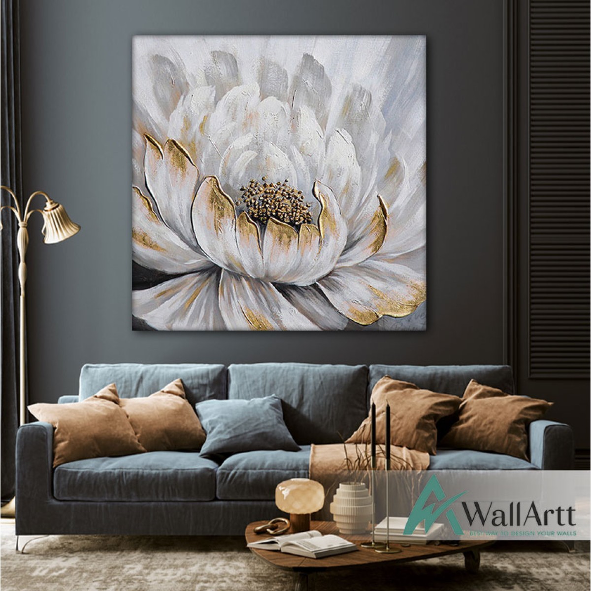 Flower with Gold Foil Textured Partial Oil Painting