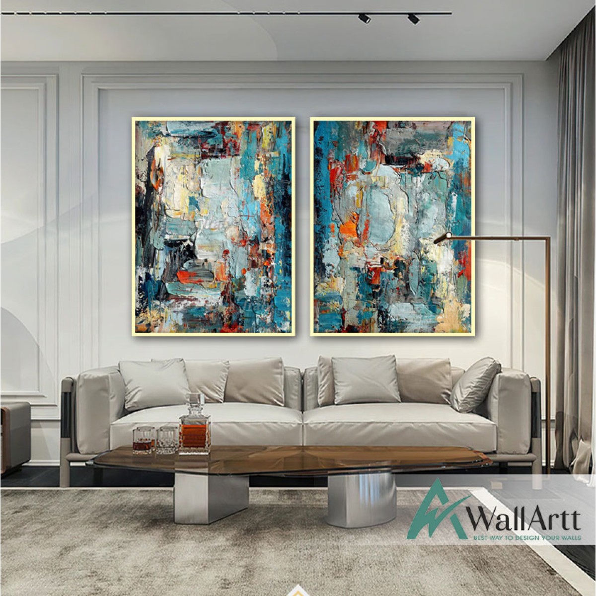 Abstract Orange Blue 2 Piece Textured Partial Oil Painting