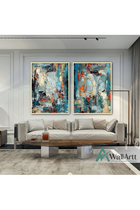 Abstract Orange Blue 2 Piece Textured Partial Oil Painting
