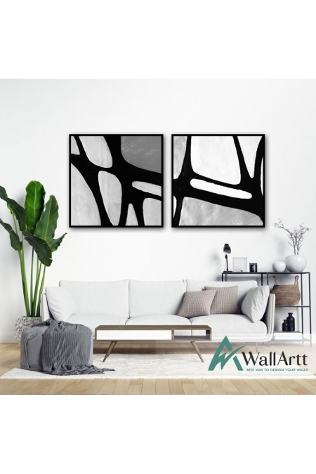 White n Black Abstract 2 Piece Textured Partial Oil Painting
