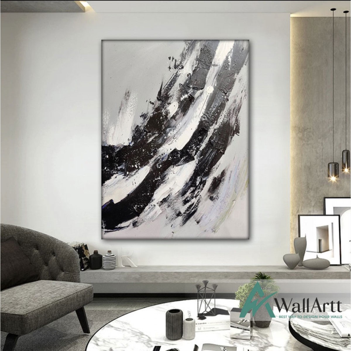 Abstract White n Black Textured Partial Oil Painting
