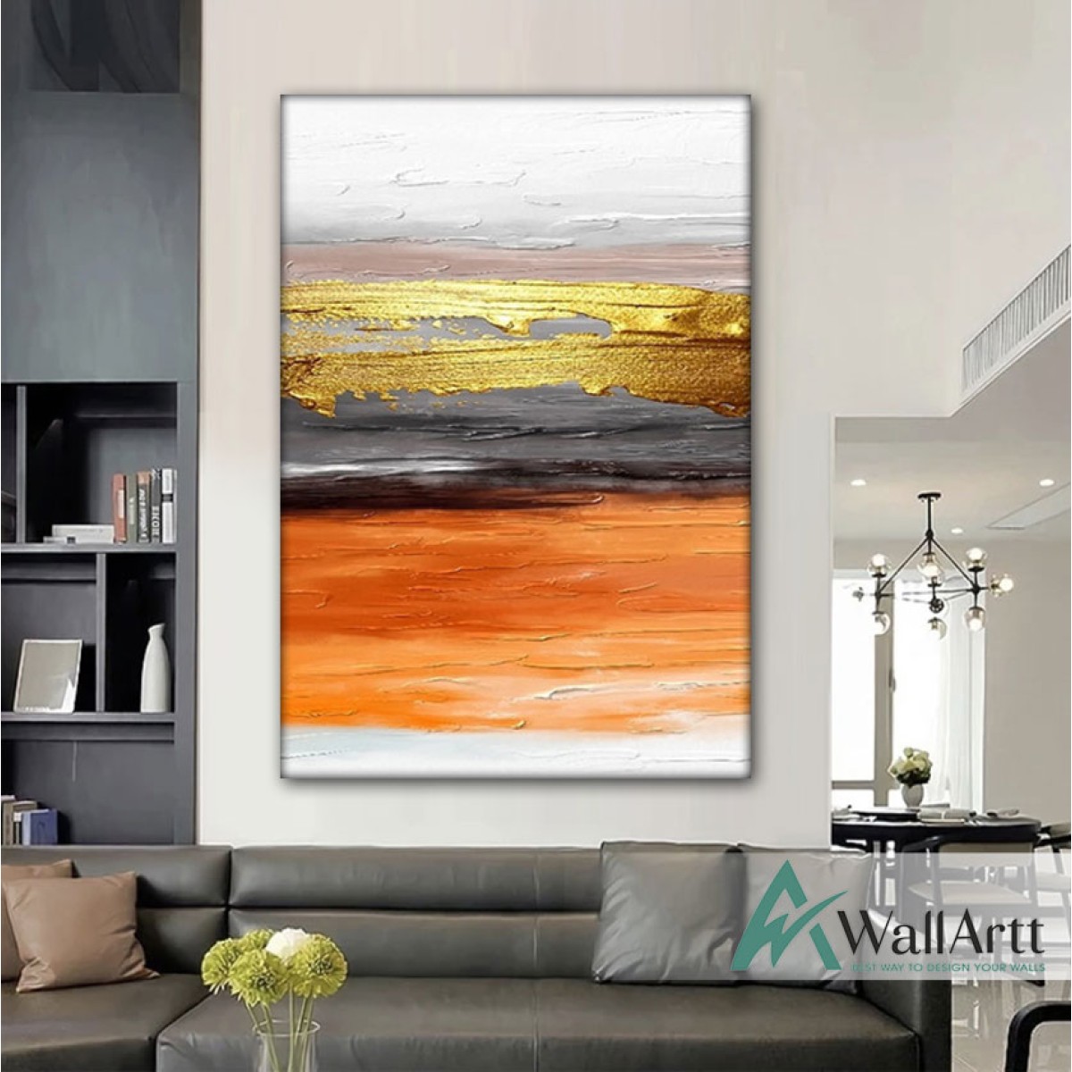 Abstract Orange n Gold Textured Partial Oil Painting