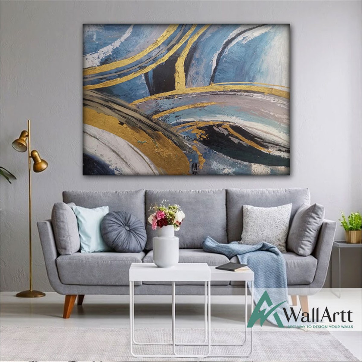 Blue with Gold Abstract Textured Partial Oil Painting