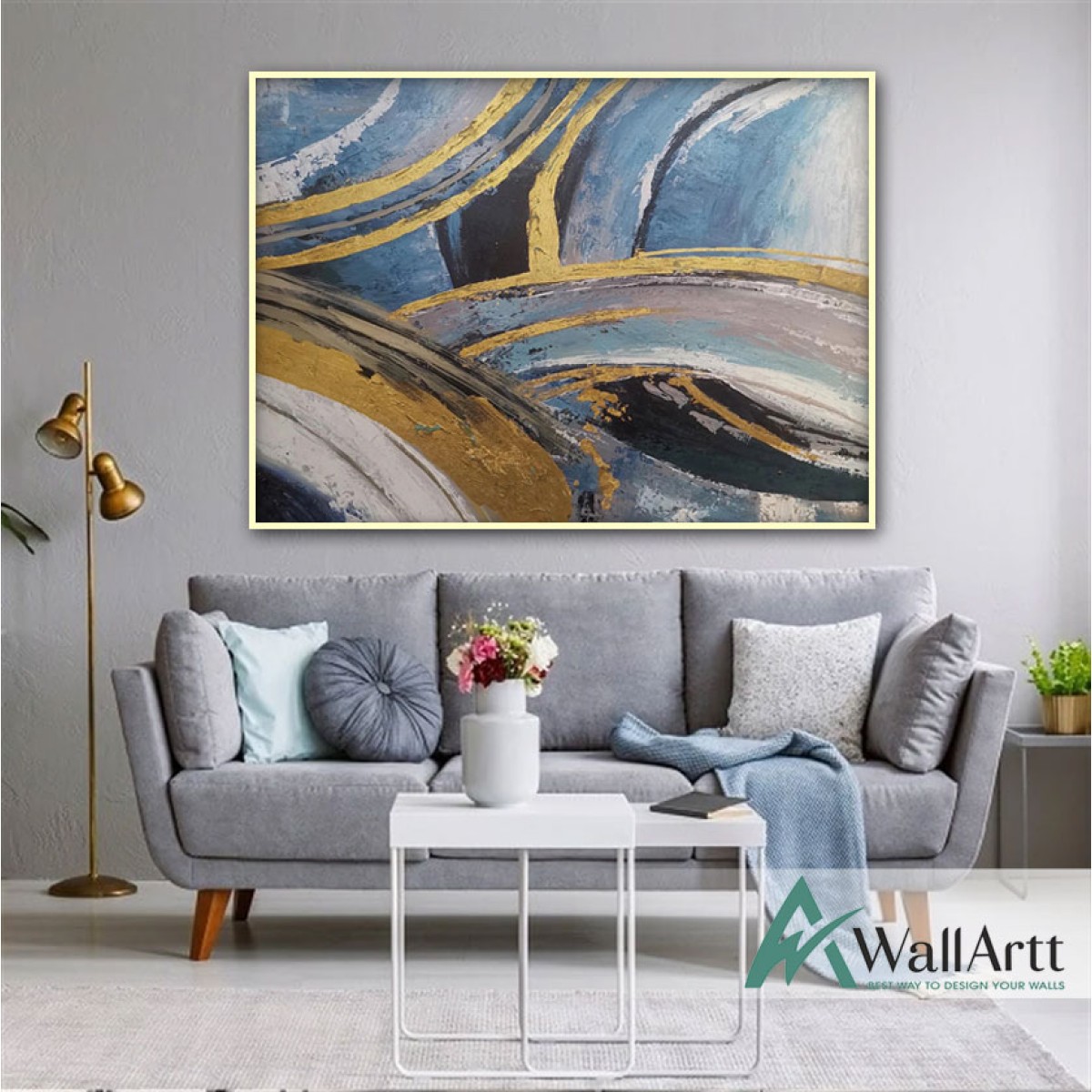 Blue with Gold Abstract Textured Partial Oil Painting