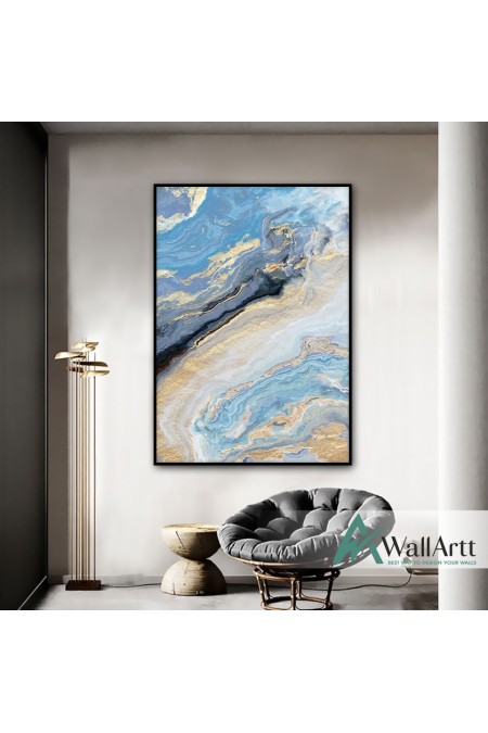 Abstract Gold Blue Marble Textured Partial Oil Painting