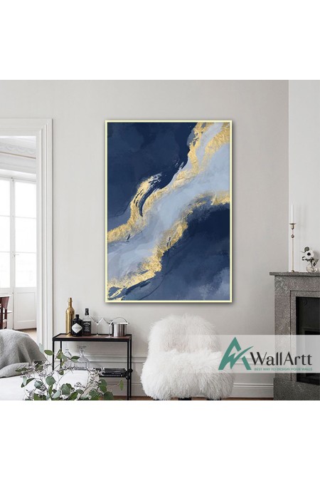 Abstract Blue with Gold Textured Partial Oil Painting