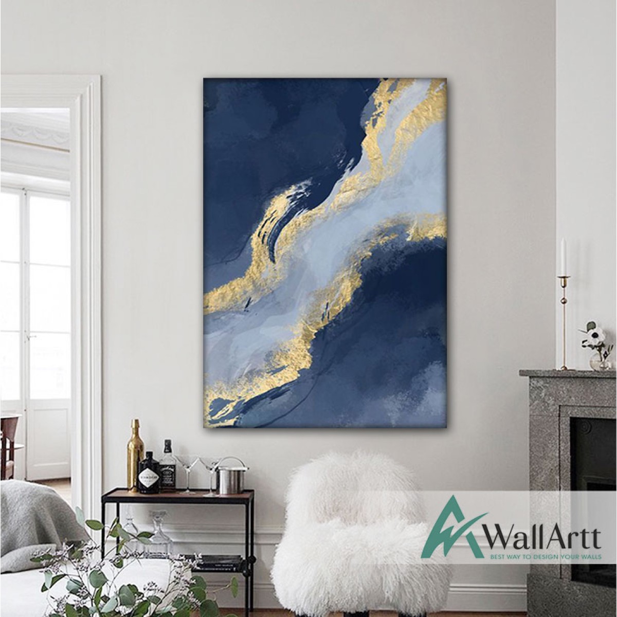 Abstract Blue with Gold Textured Partial Oil Painting