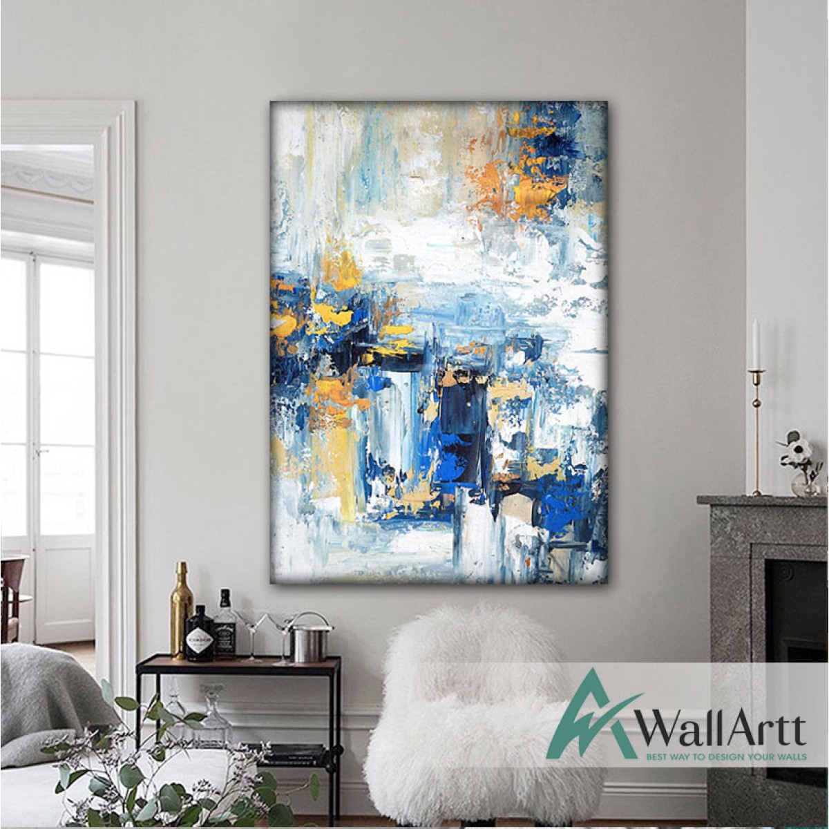 Navy Blue with Gold Abstract Textured Partial Oil Painting