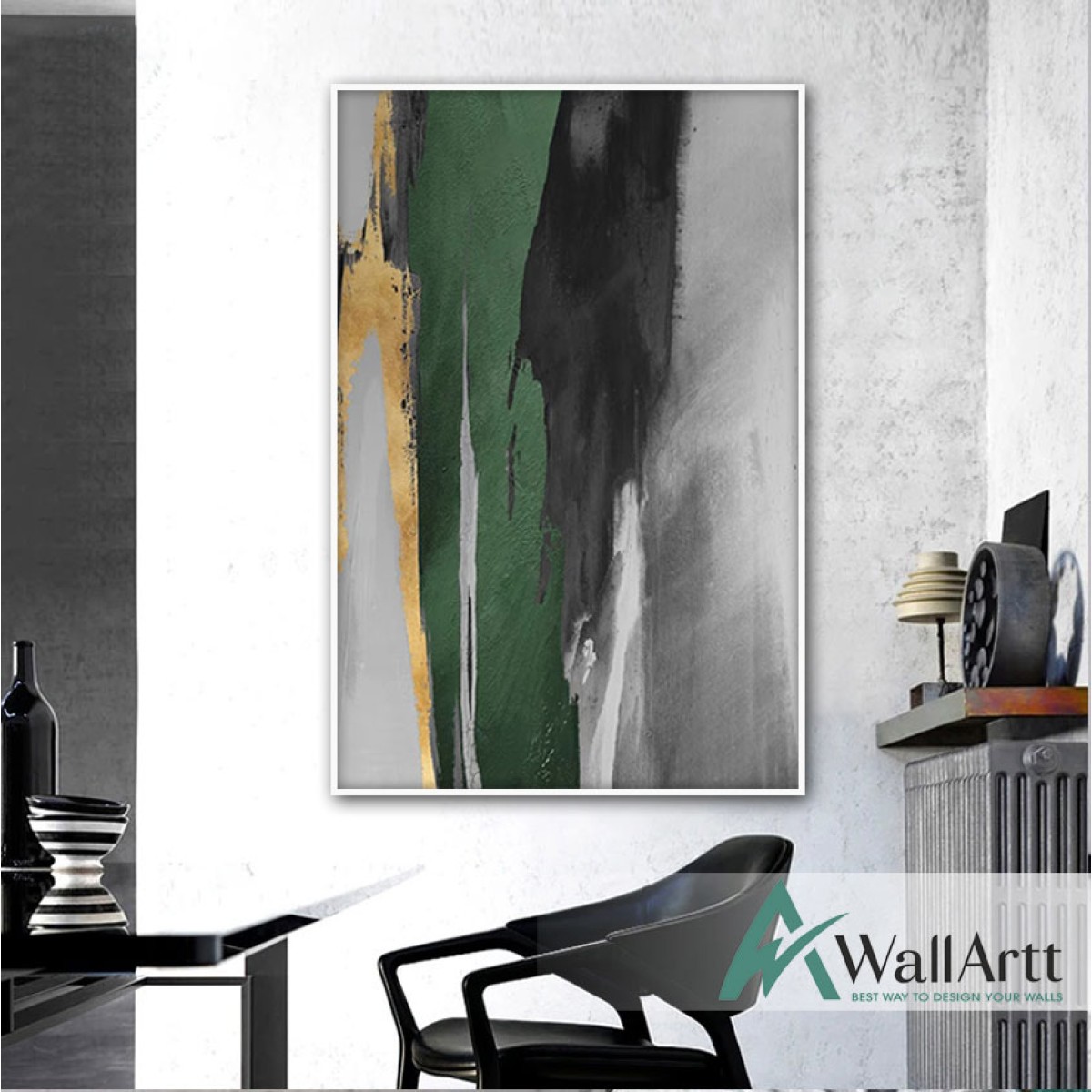 Green on Grey II Abstract Textured Partial Oil Painting