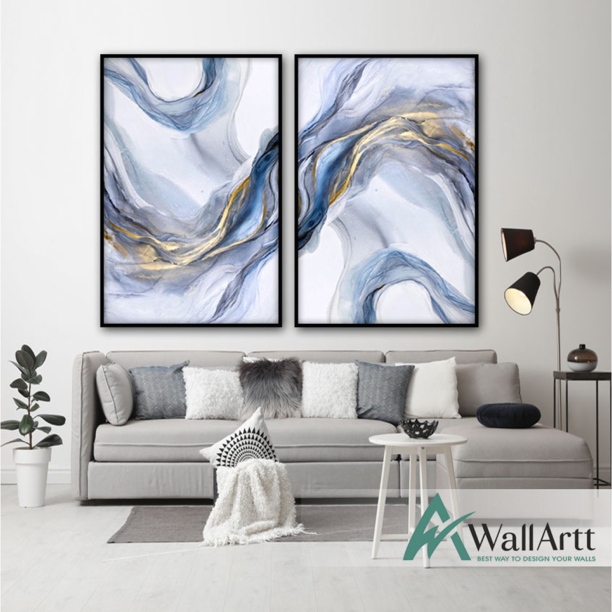 Gold Blue Marble 2 Piece Textured Partial Oil Painting