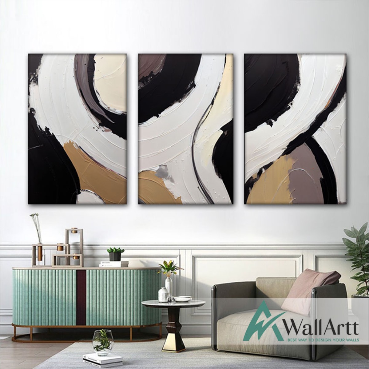 Brown Black Abstract 3 Piece Textured Partial Oil Painting