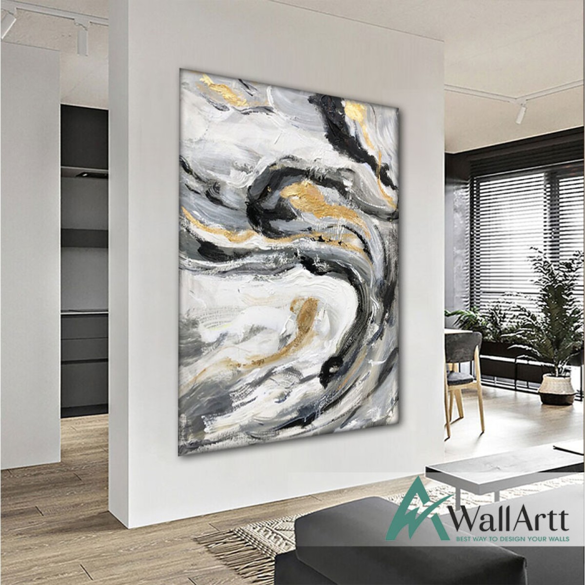 Abstract Blak White Swirls Textured Partial Oil Painting