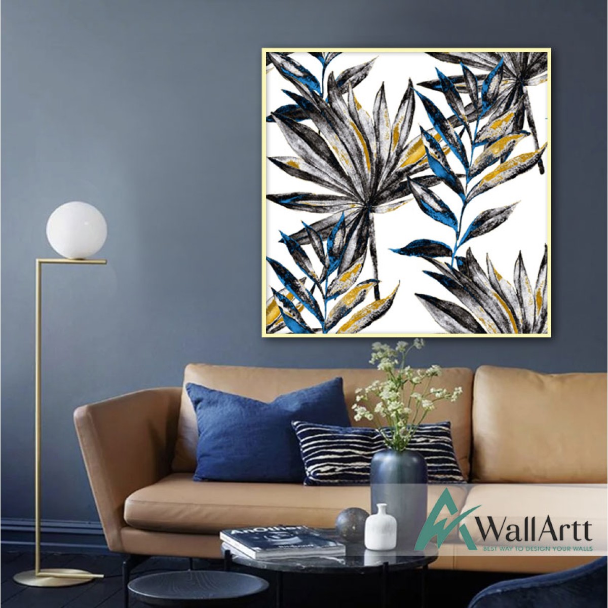 Blue And Gold Leaves Textured Partial Oil Painting