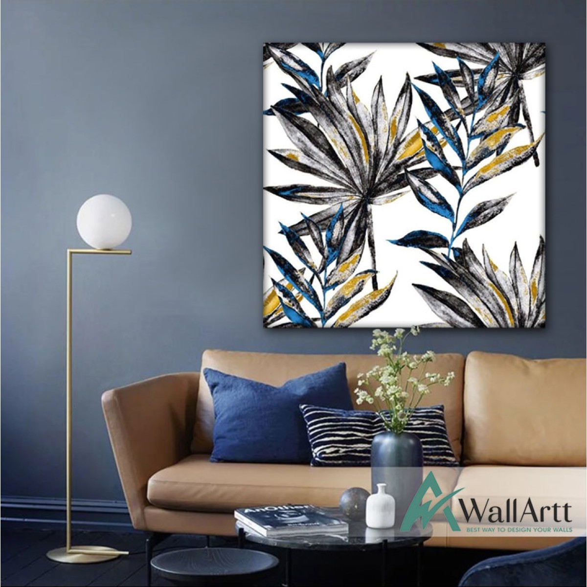 Blue And Gold Leaves Textured Partial Oil Painting