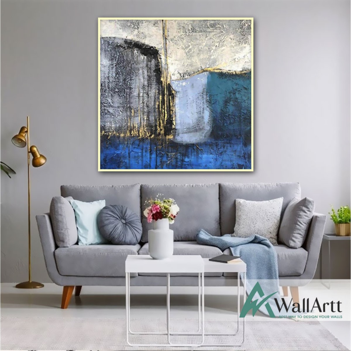 Blue Shades with Gold Foil Textured Partial Oil Painting