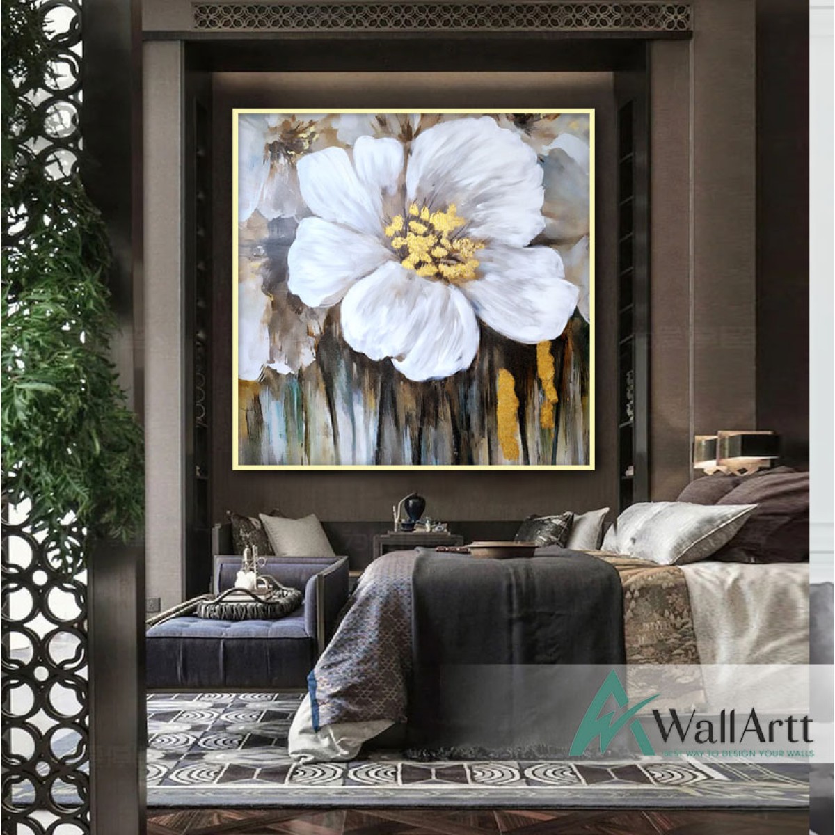 White With Gold Flower Textured Partial Oil Painting