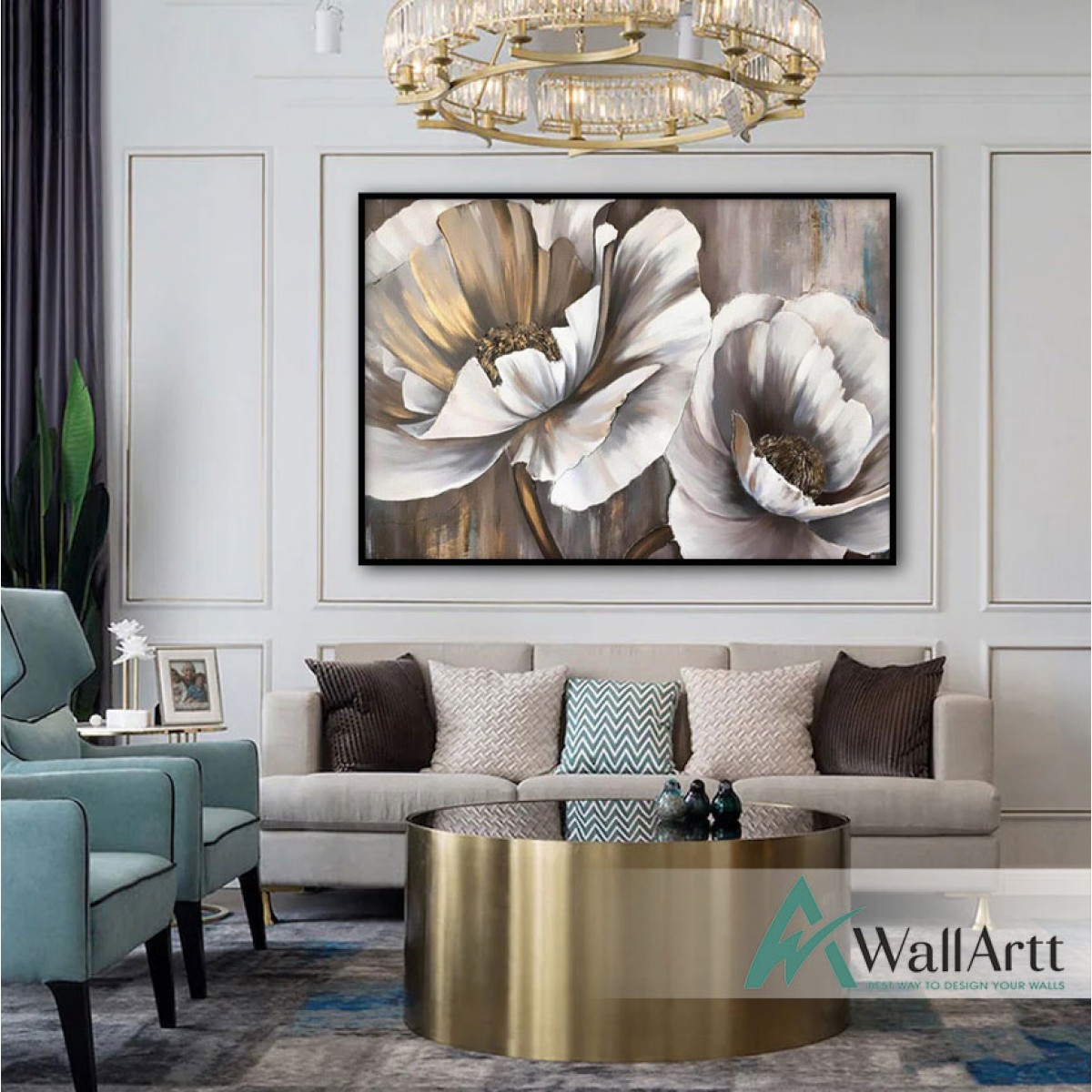 2 White Flower with Gold Foil Textured Partial Oil Painting