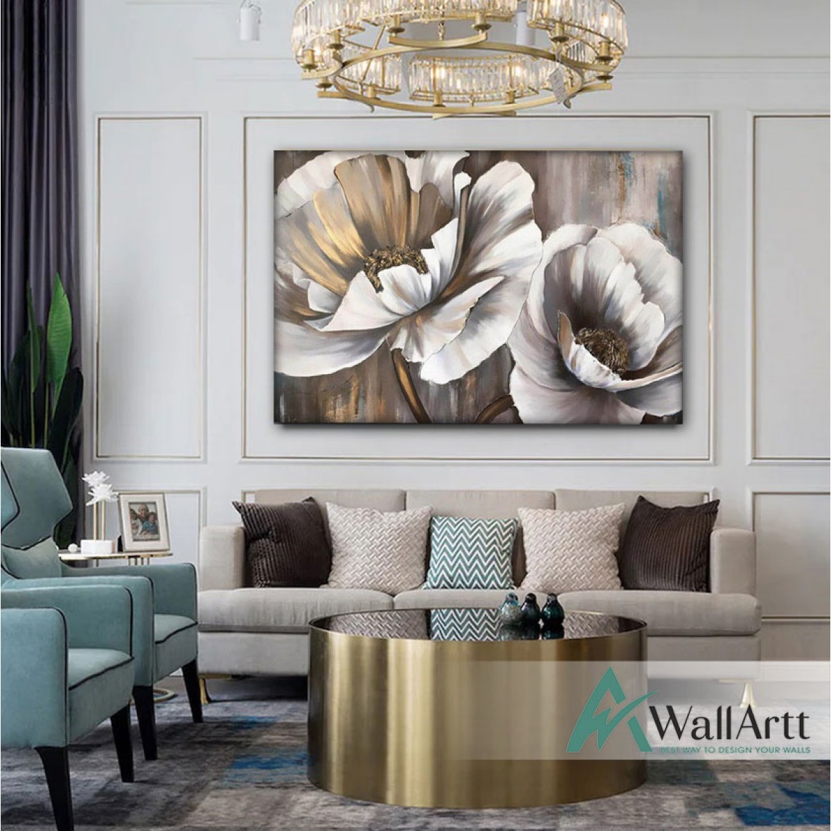 2 White Flower with Gold Foil Textured Partial Oil Painting