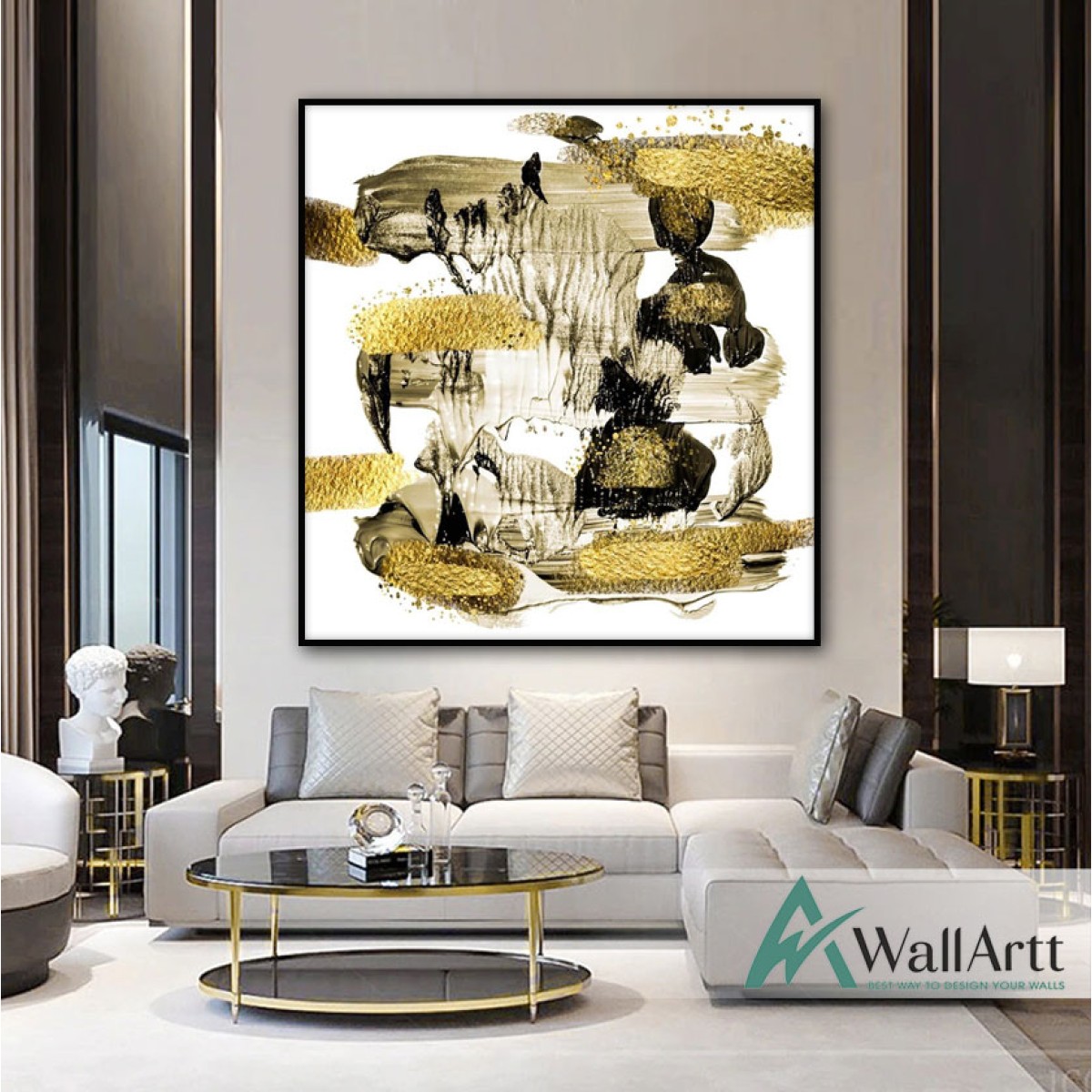 Black with Gold Foil Abstract Textured Partial Oil Painting