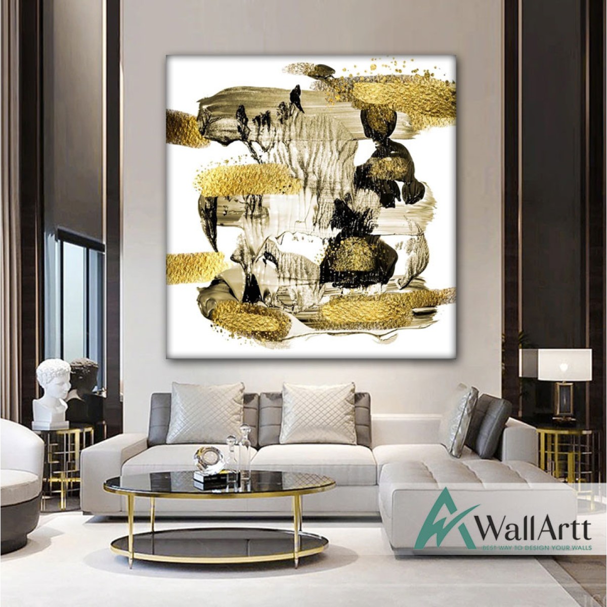 Black with Gold Foil Abstract Textured Partial Oil Painting