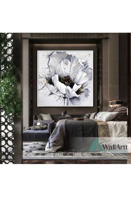 White Flower with Gold Foil Textured Partial Oil Painting