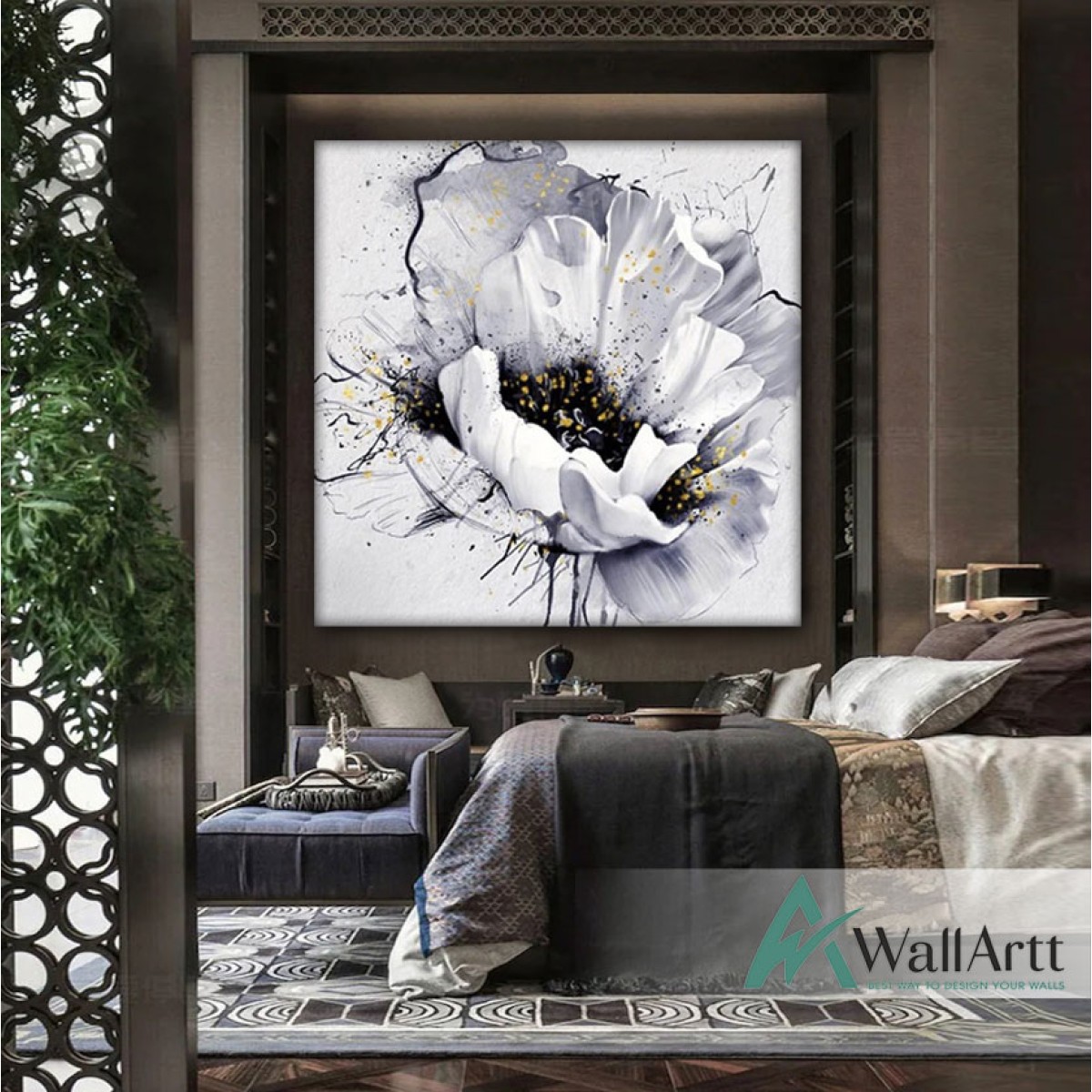 White Flower with Gold Foil Textured Partial Oil Painting