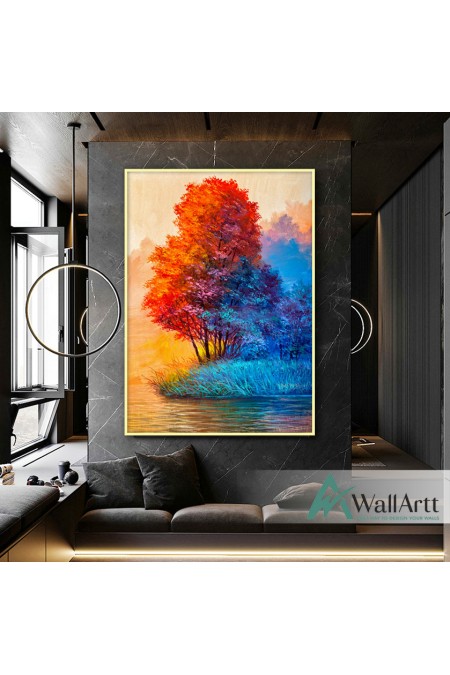 Red Blue Trees Textured Partial Oil Painting