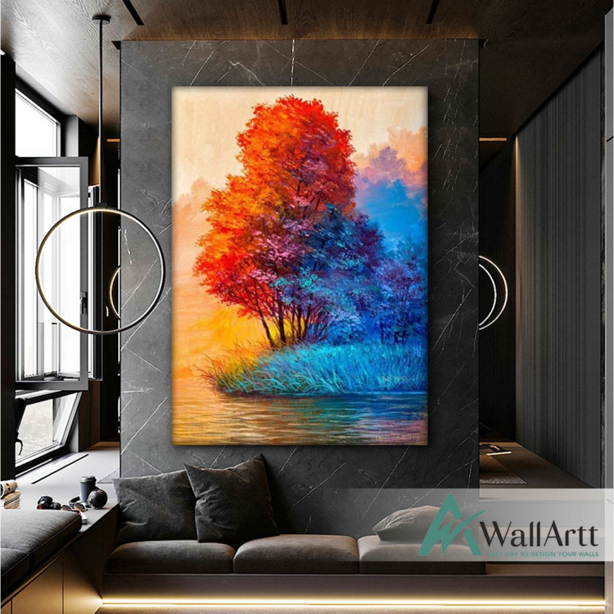 Red Blue Trees Textured Partial Oil Painting
