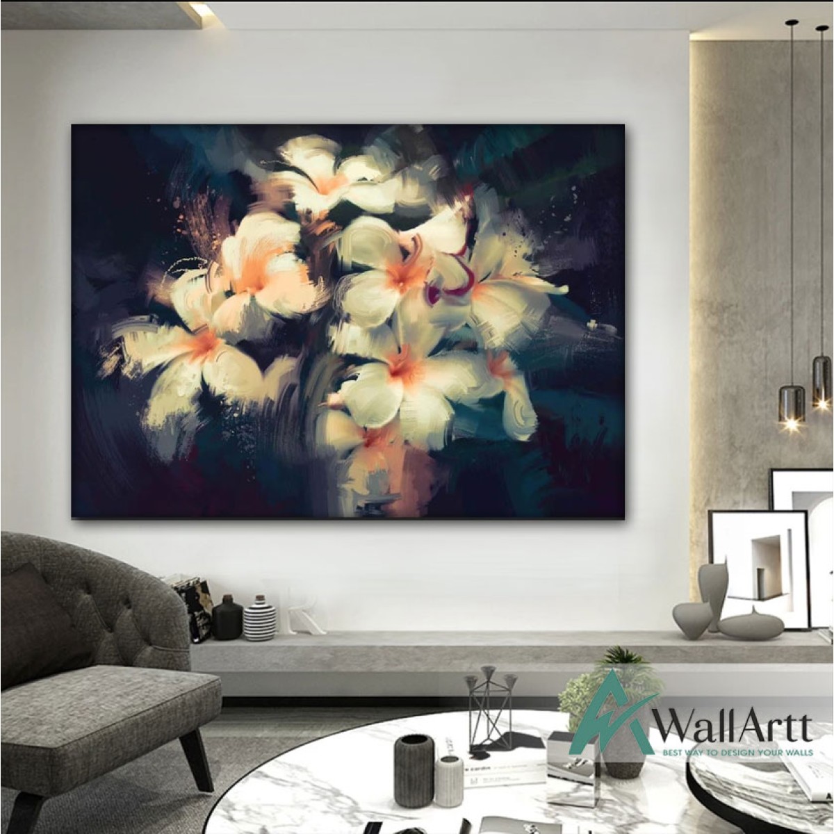 White Orange Flowers Textured Partial Oil Painting