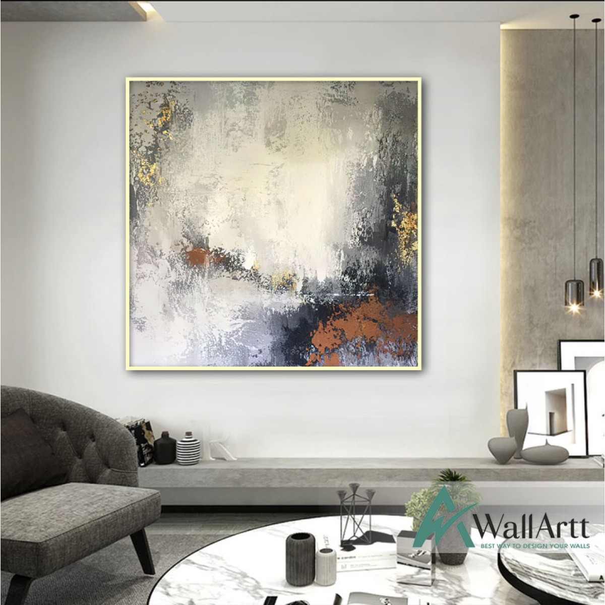 Abstract White n Grey with Gold Foil Textured Partial Oil Painting