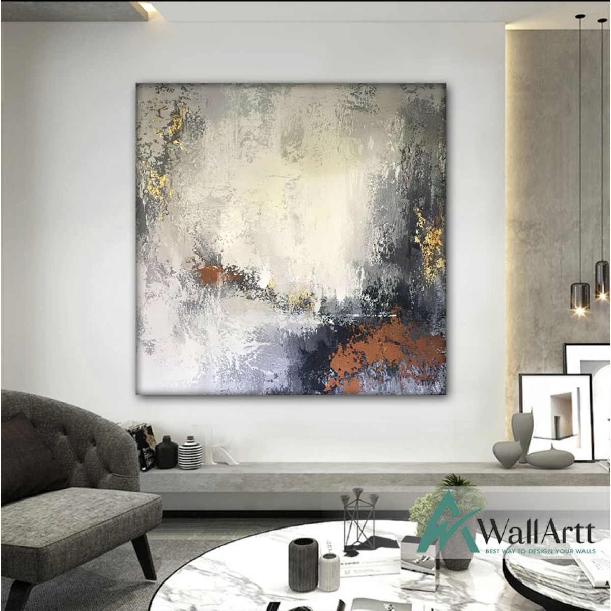 Abstract White n Grey with Gold Foil Textured Partial Oil Painting