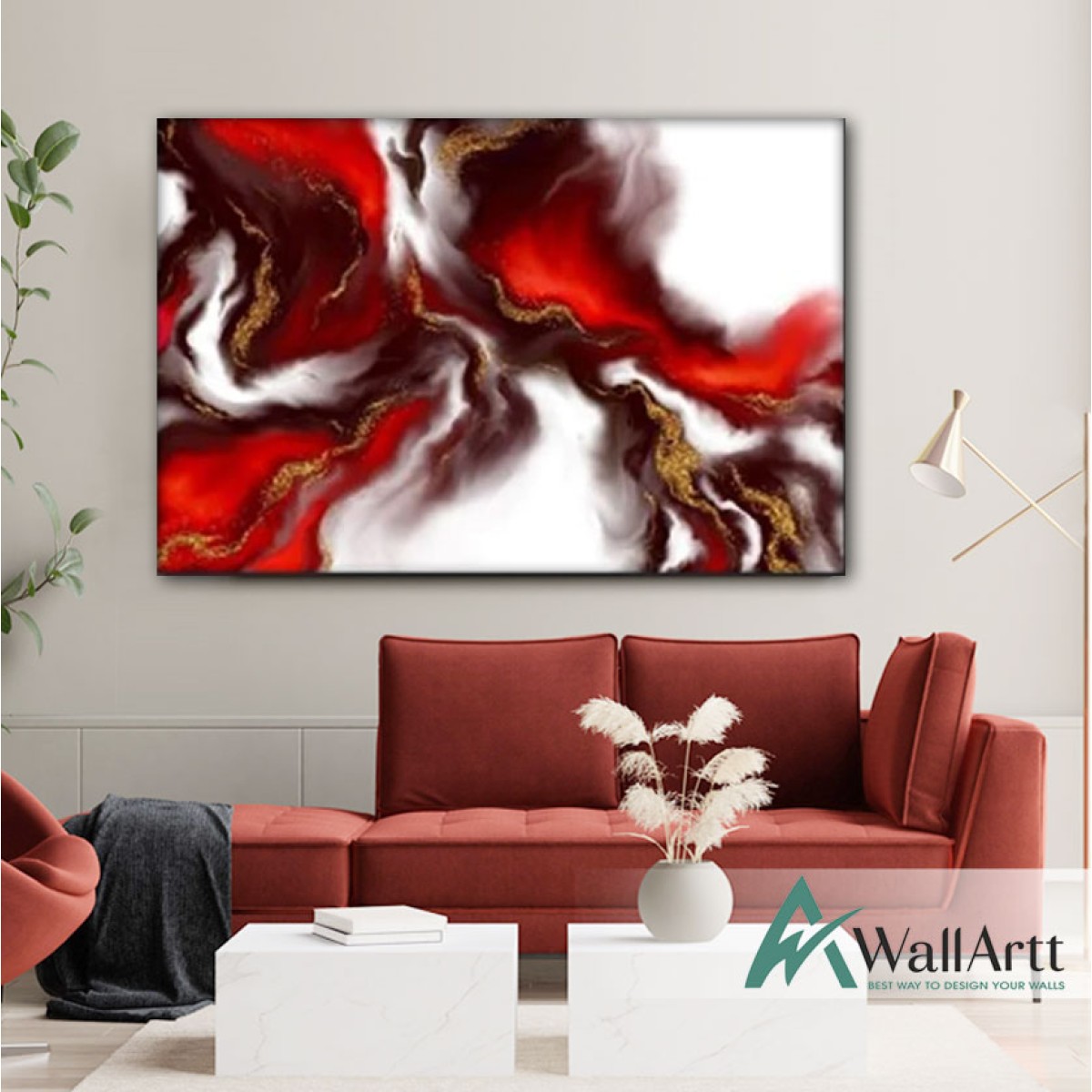 Red Flame with Gold Textured Partial Oil Painting