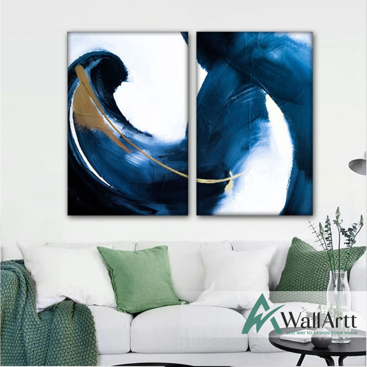 Navy with Gold Touch 2 Piece Textured Partial Oil Painting