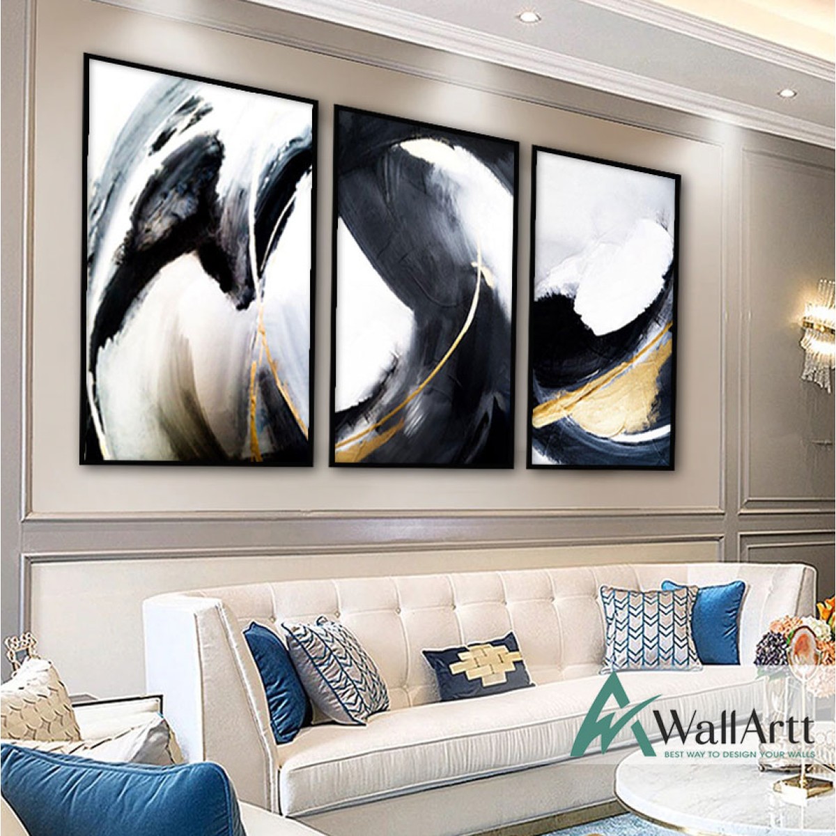 Gold Black n White 3 Piece Textured Partial Oil Painting