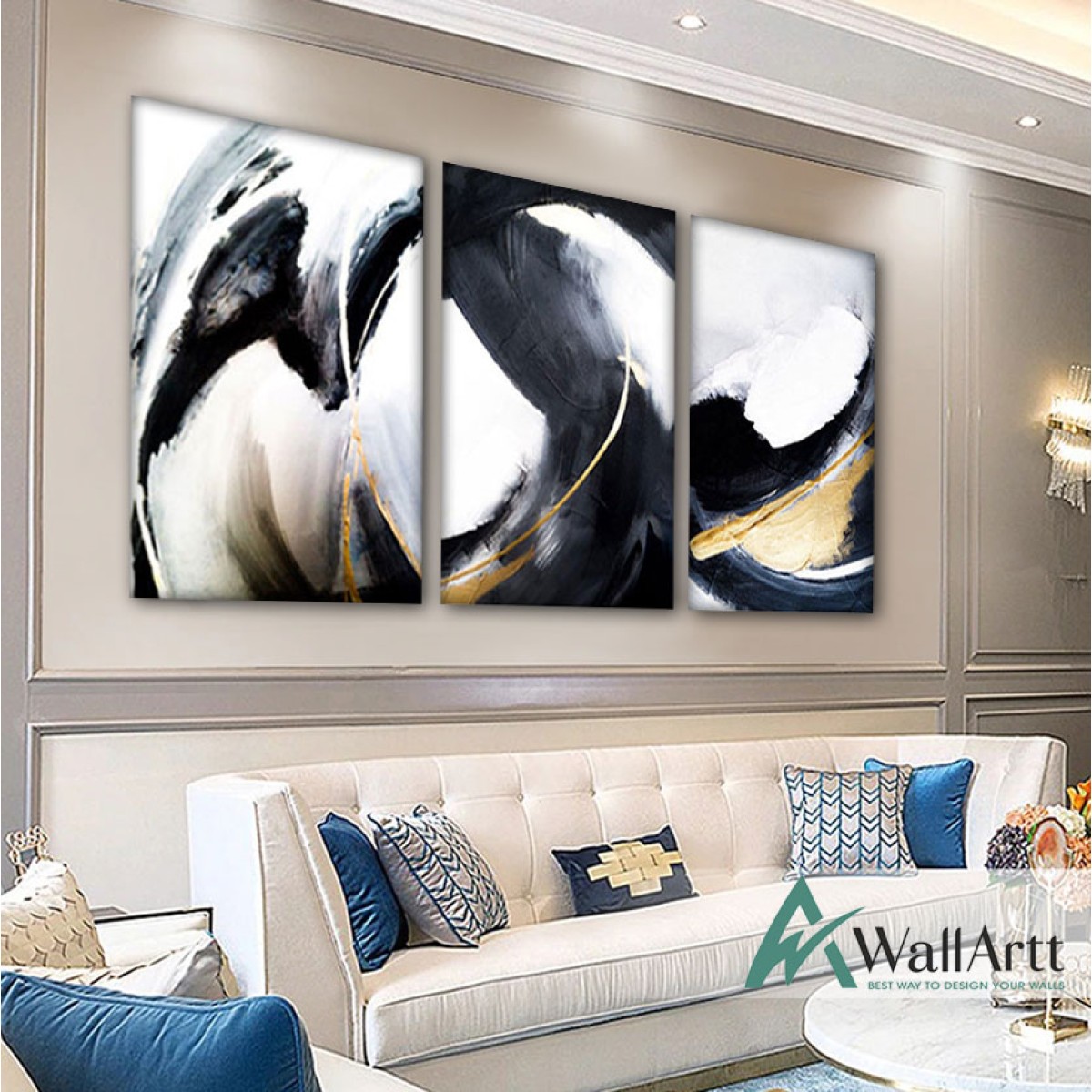 Gold Black n White 3 Piece Textured Partial Oil Painting