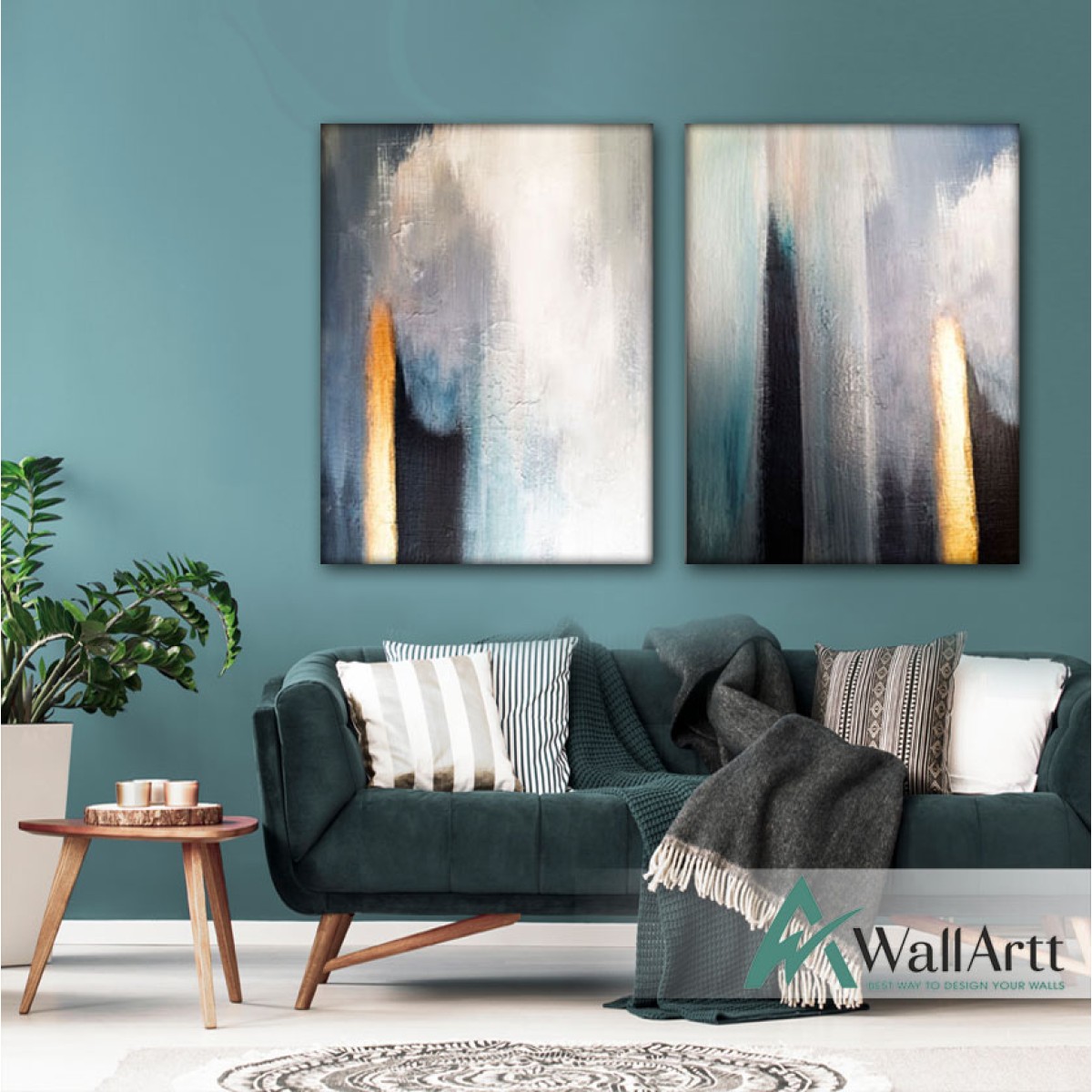 Beauty of Gold n Navy 2 Piece Textured Partial Oil Painting
