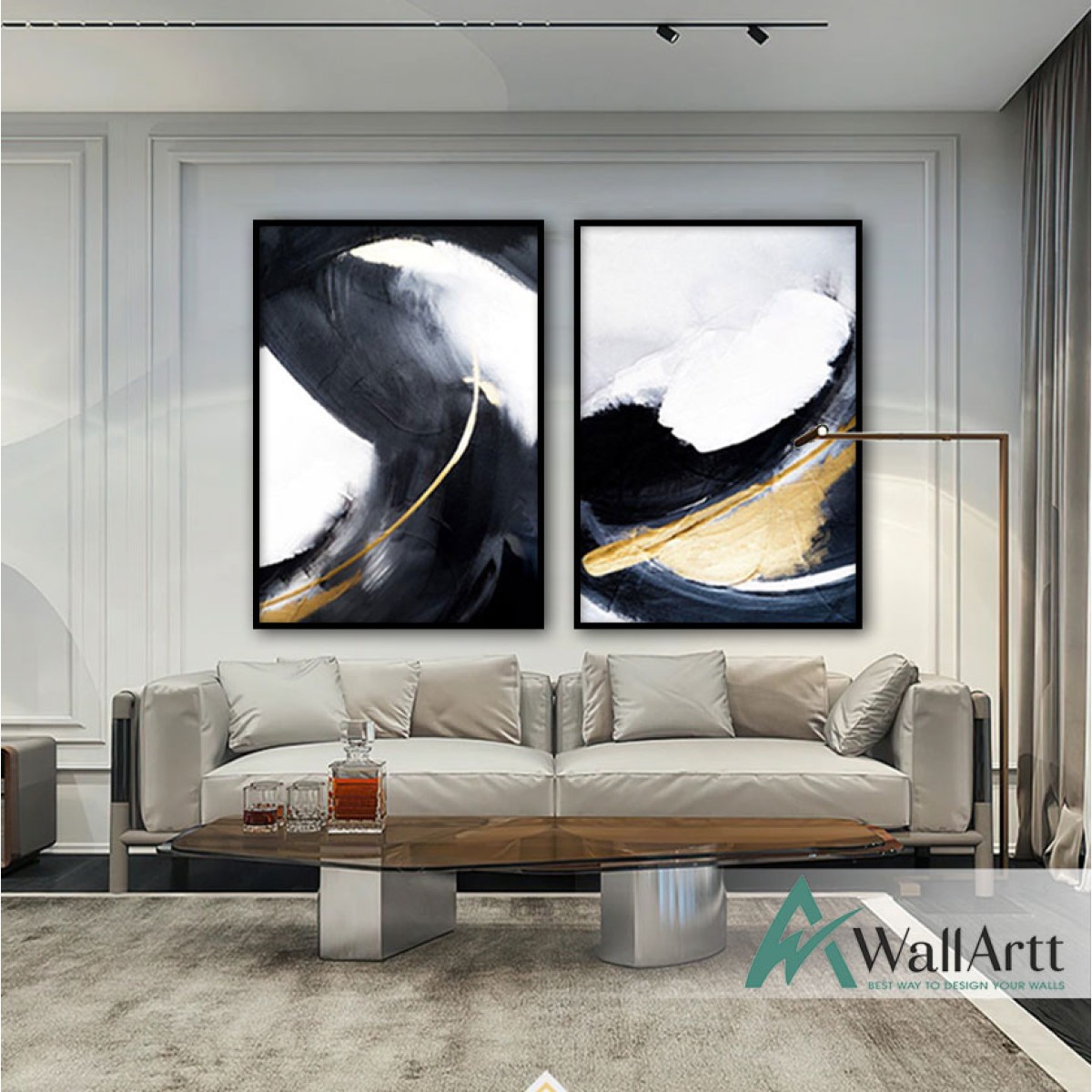 Gold Black n White 2 Piece Textured Partial Oil Painting