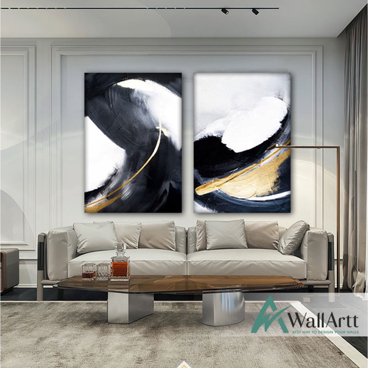 Gold Black n White 2 Piece Textured Partial Oil Painting