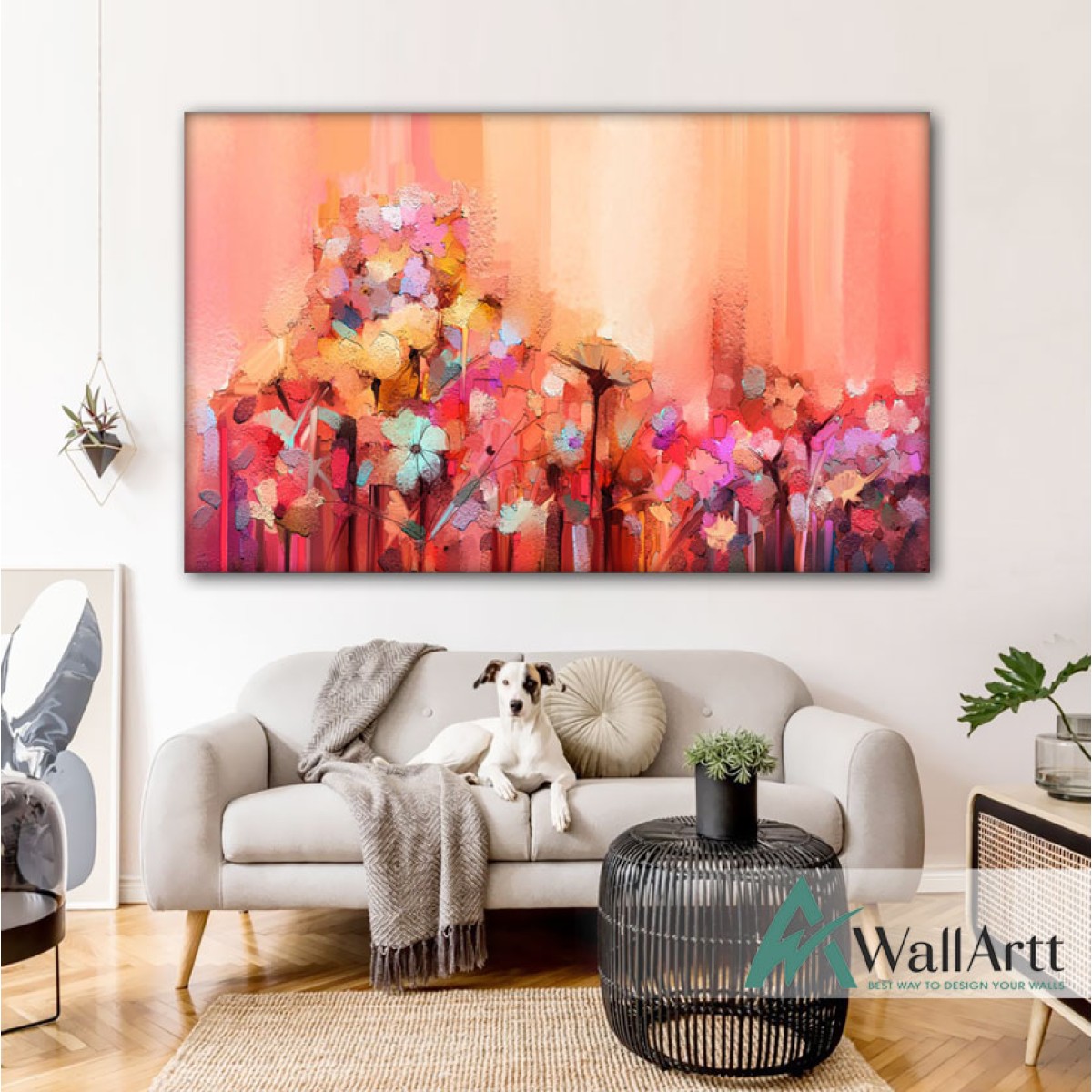 Abstract Pink n Orange Flowers Textured Partial Oil Painting