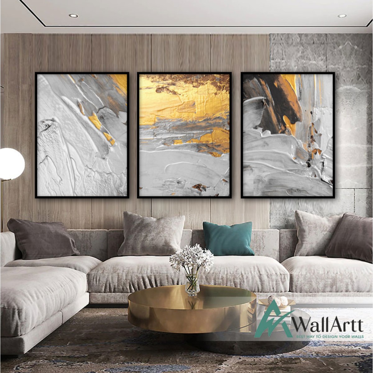 Abstract Gold White 3 Piece Textured Partial Oil Painting