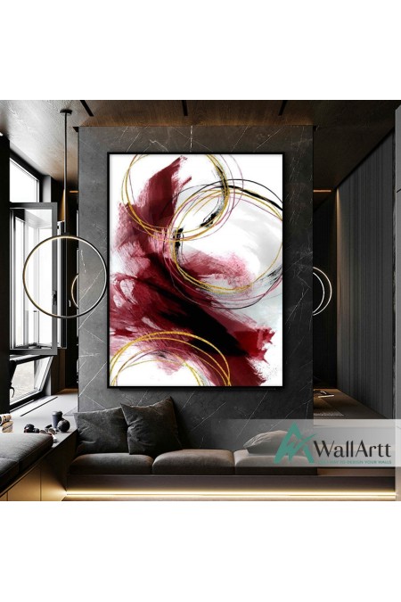 Burgandy Gold Circle Textured Partial Oil Painting