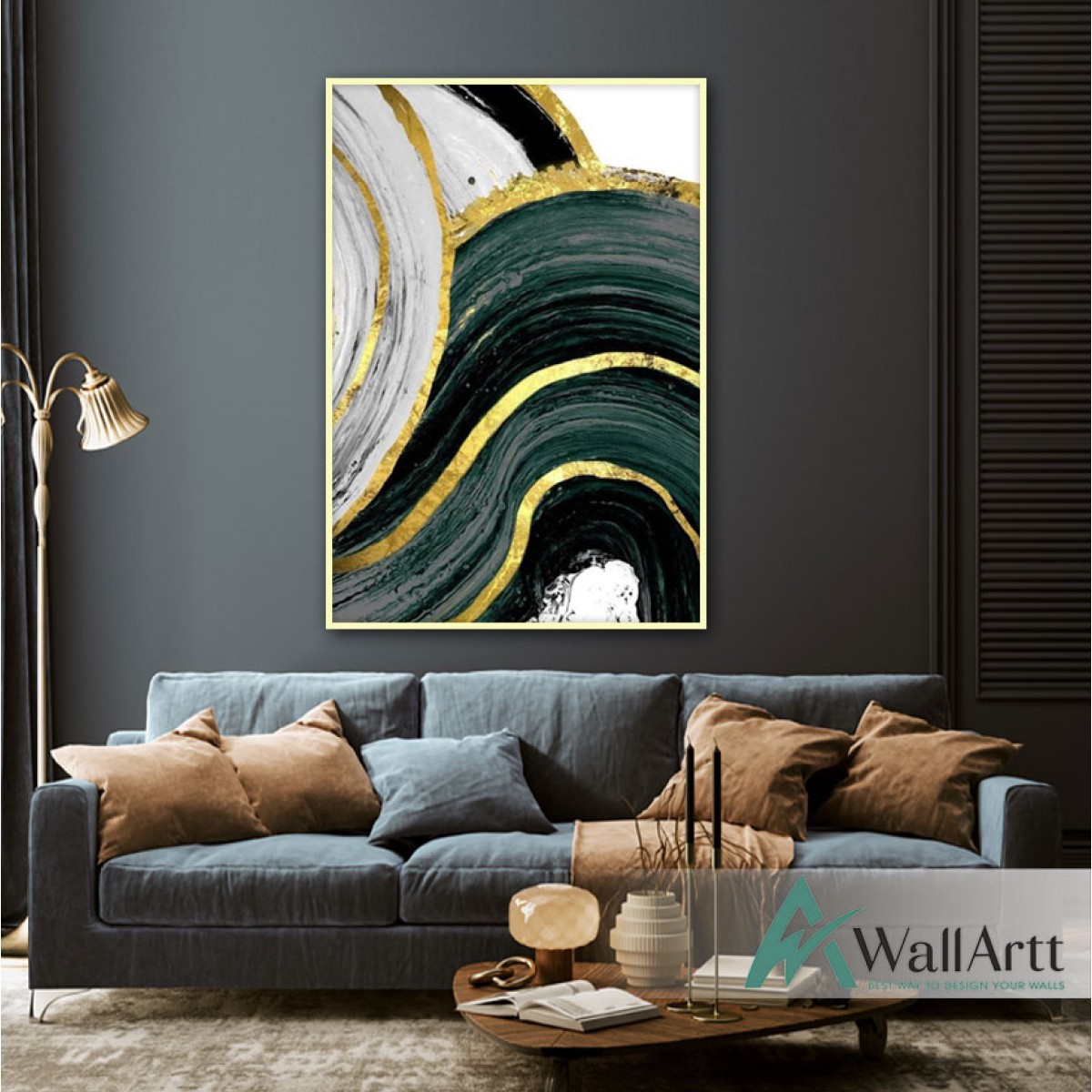 Dark Green Abstract with Gold Foil Textured Partial Oil Painting