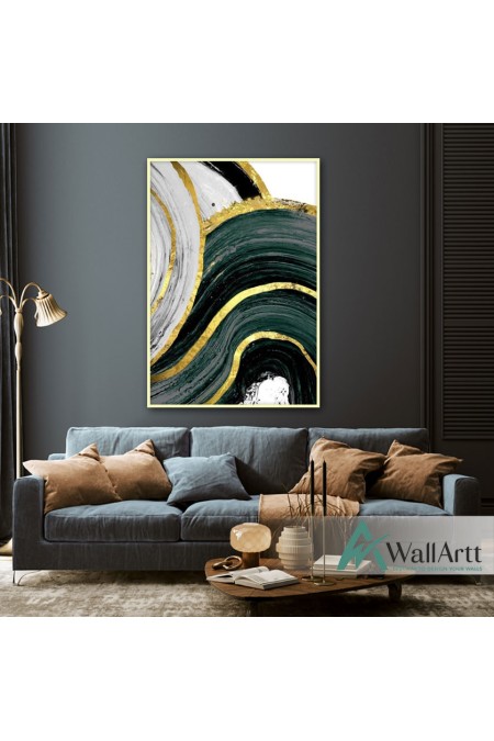 Dark Green Abstract with Gold Foil Textured Partial Oil Painting
