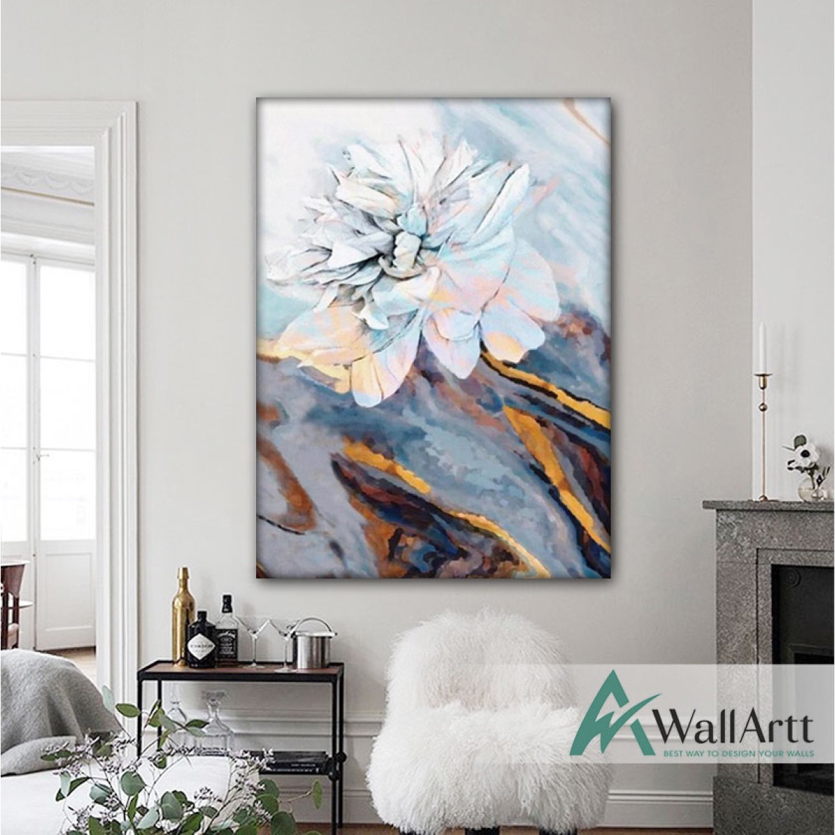 Abstract White Flower III Textured Partial Oil Painting